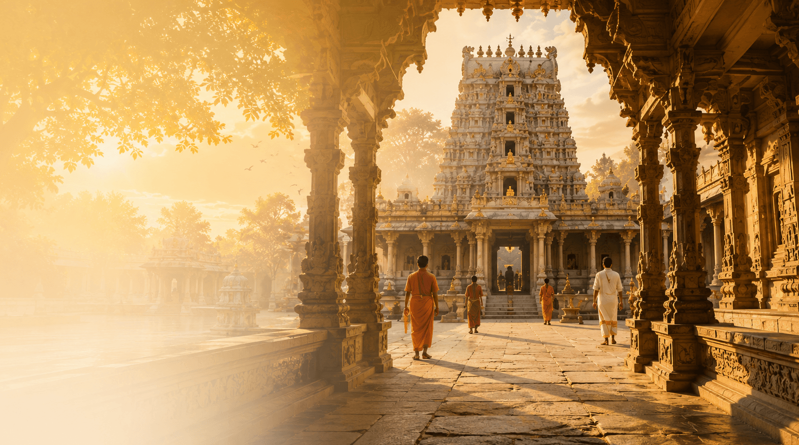 Temple courtyard at golden hour