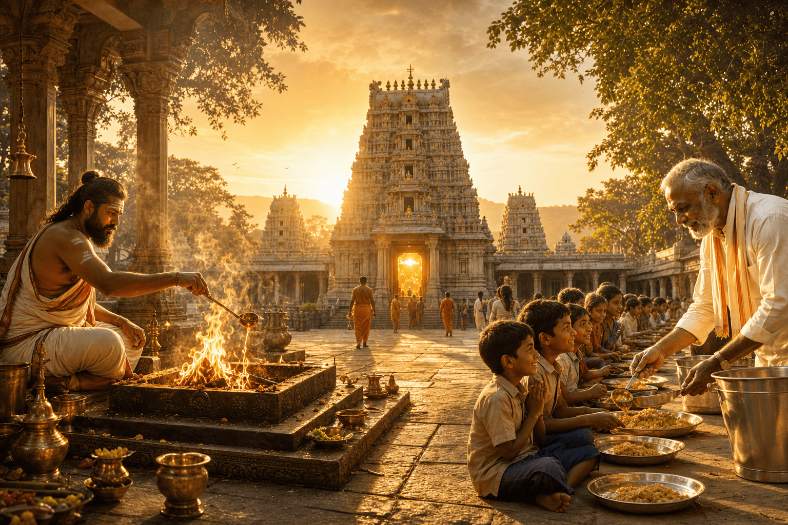 Veda Dharma Kshetram — Homam, temple, and Annadhanam in harmony