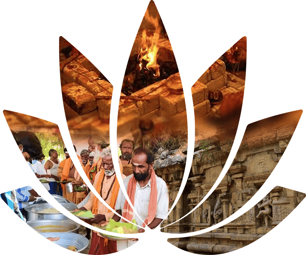 Lotus collage of Annadhanam, Yagnam, and temple seva